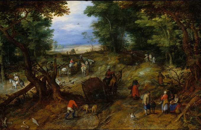 « Chemin de forêt avec des voyageurs » par Jan Brueghel l’Ancien, 1607