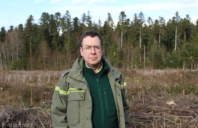 Bertrand Munch, directeur général de l’ONF. Derrière lui, une parcelle du projet Giono en forêt domaniale de Levier (Doubs) et visant une expérimentation de migration assistée d’espèces forestières, dans le contexte du changement climatique (crédit photo: CC/Forestopic)