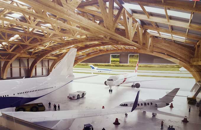 Image de synthèse du futur hangar en bois pour avions gros porteurs de Jet Aviation