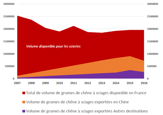 Volumes de grumes de chêne à sciage disponibles pour les entreprises françaises et volumes exportés de 2007 à 2016. Source des données: Agreste, douanes Chine. Crédit de l’illustration: FNB.