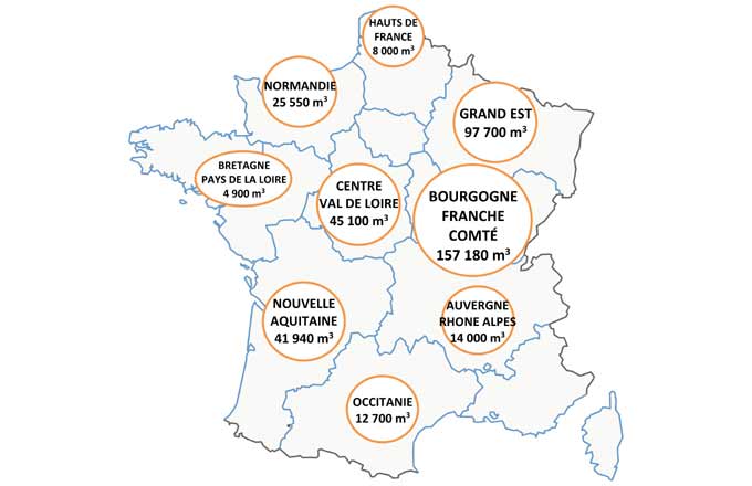 Répartition régionale des volumes de bois de chêne manquants dans les scieries d’après les déclarations des entreprises