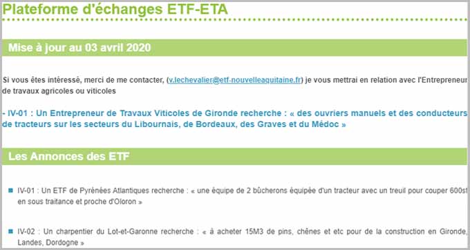 Plateforme d’échange sur l’emploi des entrepreneurs de travaux forestiers et agricoles (copie d’écran du site Web d’ETF Aquitaine)