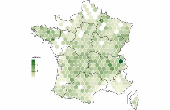 Répartition de la mortalité des arbres en forêt sur la période 2010-2018, avec un intervalle de confiance de près de 2 m3 (cartographie IGN)