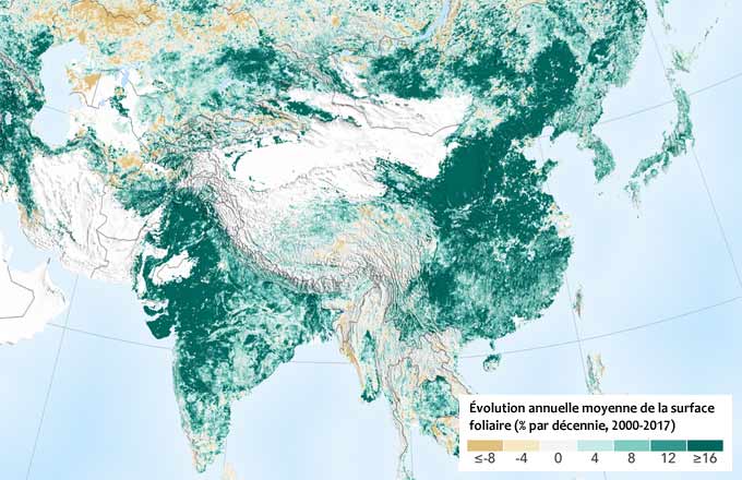 Évolution annuelle moyenne de la surface foliaire en Chine (et en Inde) incluant les arbres et autre végétation (crédit: NASA Earth Observatory)