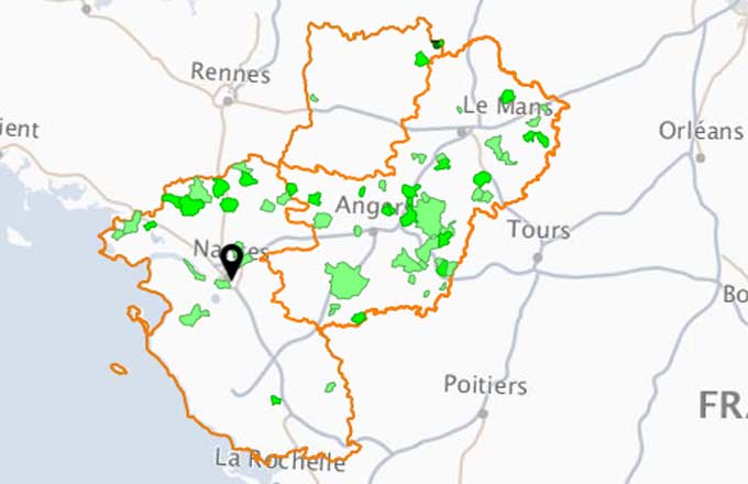 En vert, les communes où se situent des projets de reboisement aidés par Dynamic Bois en Pays-de-la-Loire (cartographie GIP Atgeri/AMI Dynamic Bois)