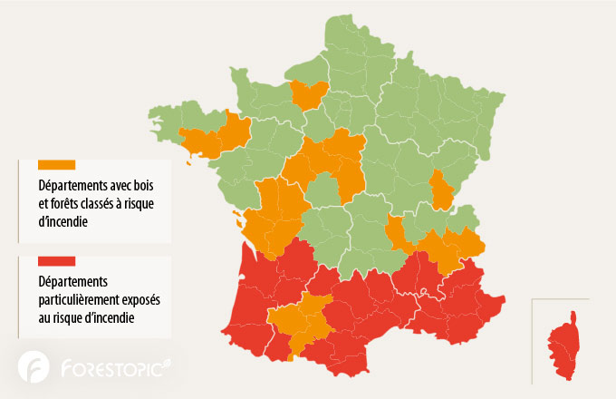 Exposition des forêts au risque incendie par département. Infographie Ben Chartier/Forestopic. Fond de carte (modifié) : Antonio Scalinci/Adobe Stock