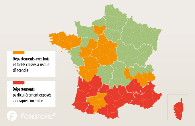 Exposition des forêts au risque incendie par département. Infographie Ben Chartier/Forestopic. Fond de carte (modifié) : Antonio Scalinci/Adobe Stock