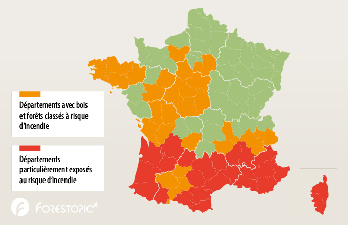 Exposition des forêts au risque incendie par département. Infographie Forestopic. Fond de carte (modifié) : Antonio Scalinci/Adobe Stock.