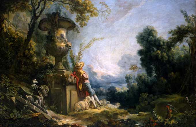 Pastorale ou Jeune berger dans un paysage, par François Boucher, vers 1740. Musée des beaux-arts de Caen (visuel recadré)