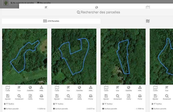 Recherche de parcelles avec l’application OpenForêt (copie d’écran)