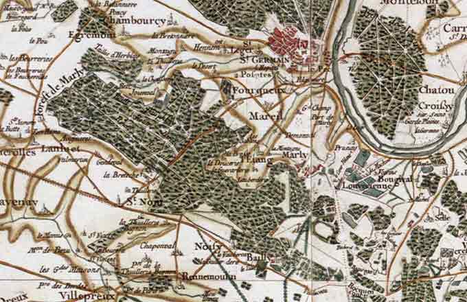 Extrait de la carte de Cassini : forêt de Marly (Yvelines) au XVIIIe siècle. La plus grande partie de l’actuelle forêt de Marly est une forêt ancienne, l’état boisé sans interruption du XVIIIe siècle à aujourd'hui y est attesté par les cartes géographiques existantes