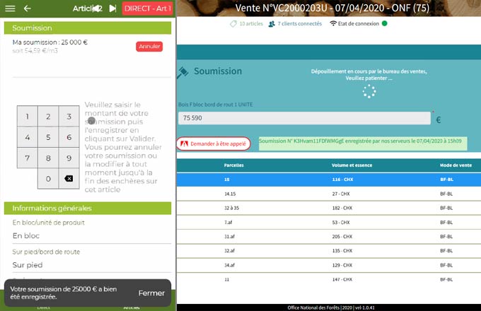 Vente de bois par Internet, plateformes des experts forestiers (à gauche) et de l’ONF (à droite). Copies d’écran de ventes fictives