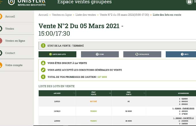 Copie d’écran d’une vente test fictive sur la plateforme Internet d’Unisylva, et dont le développement est en cours de finalisation (crédit de l’illustration: Unisylva)