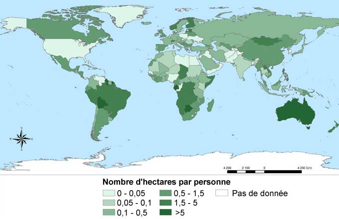 Surfaces de forêts par habitant. Cartographie FAO, 2015