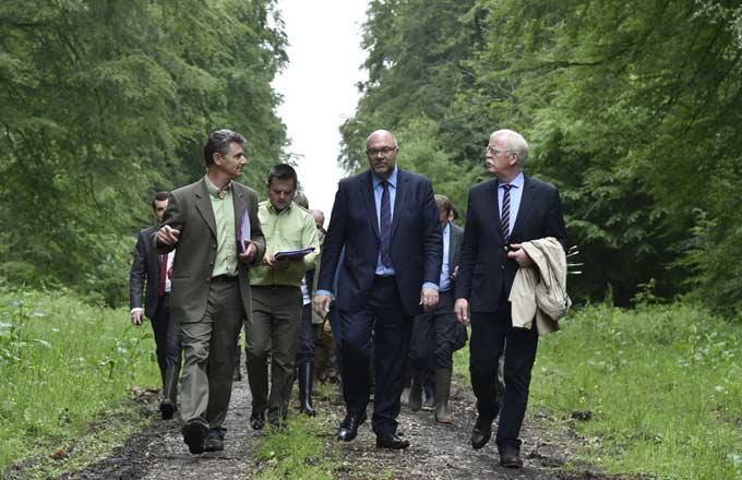 Dans la hêtraie d’Eawy, le ministre chargé de la forêt Stéphane Travert, au centre. À sa gauche, Jean-Yves Caullet, médiateur pour la filière forêt-bois, par ailleurs président de l’ONF