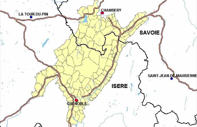 Aire géographique de l’AOC Bois de chartreuse, en jaune. Cartographie BD-Carto-IGN, Institut national de l’origine et de la qualité (INAO), novembre 2017