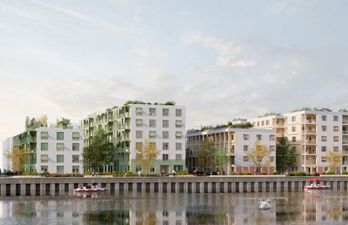 « D’une rive à l’autre », ensemble de logements à structure bois, dont la livraison est prévue à Strasbourg en 2027 (vue d’architecte, droits réservés)