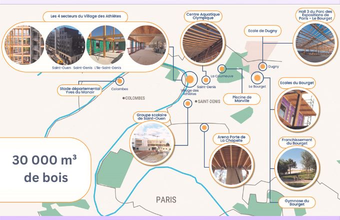 Les principaux ouvrages olympiques intégrant du bois. Infographie de la Société de livraison des ouvrages olympiques (Solideo), visuel modifié par Forestopic, avec ajout du volume total de bois mobilisé